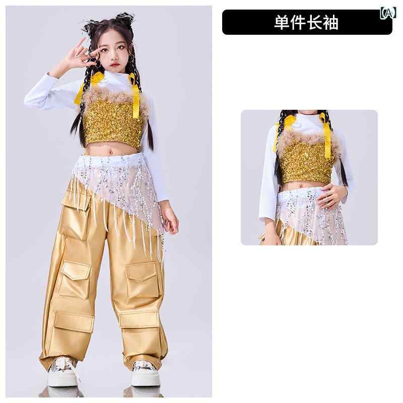 其它 - 女児 ジャズダンス衣装 キッズ レディース 秋冬 街舞 セット 長袖 トップス 光沢 パンツ チューブトップ 背心 レース 背带 酵素洗 潮酷 白色 黒色 黄色 グループ ダンス 演出 服 春秋 110cm〜180cm