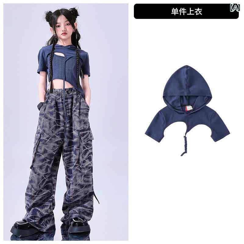 其它 - 女児 ジャズダンス 衣装 男児 ストリートダンス ヒップホップ 子供 演出服 夏 切り替え ネイビー 上衣 背心 ロングパンツ 酵素洗 潮 スタイル スパイシー 女の子 男の子 ジュニア ダンスウェア ステージ衣装 吸湿速乾 通気性
