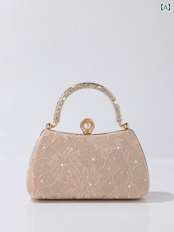 ハンドバッグ 女性用 刺繍 レース ボックス型 横型方形 手持ち ショルダー 斜めがけ 国風 刺繍香槟色 ナイロン ポリエステル裏地 硬め ロック 日常使い 春物