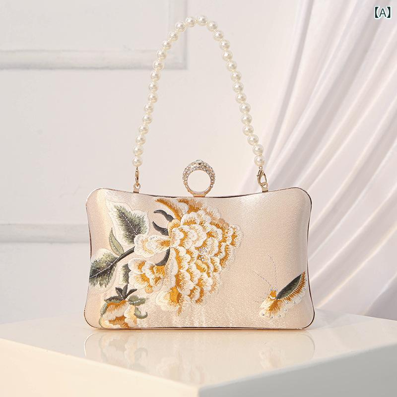 パーティーバッグ レディース チャイナドレス風 小方包 枕頭型 真丝刺繍 手提 手持ち 硬め ロック開閉 立体 香槟色 ブラック 日常使い 文艺風 国風 かわいい クラッチバッグ ミニバッグ 巾着バッグ 夏用
