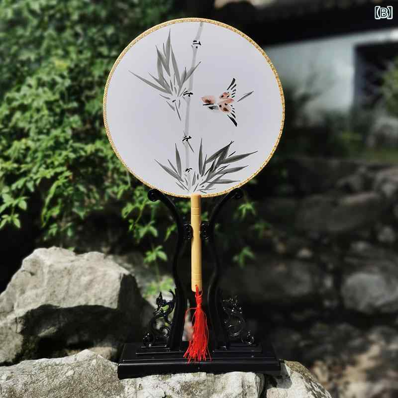 団扇 手描き 国風 紫藤花 木製骨 丸型 21cm 純手工 伝統柄 葡萄 蜂引 竹 猫 金魚 ...