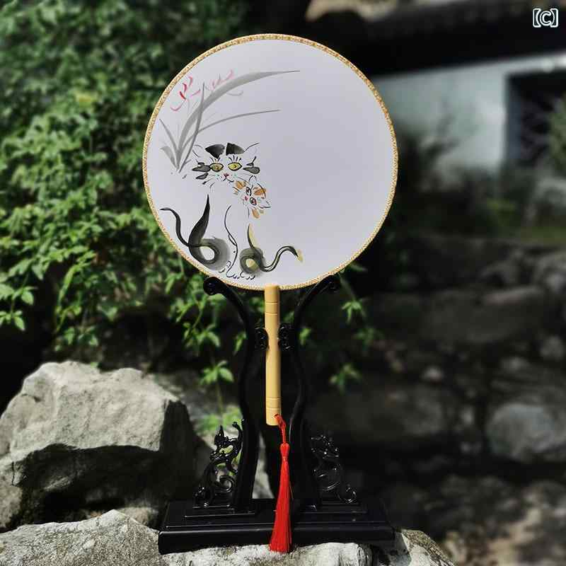 団扇 手描き 国風 紫藤花 木製骨 丸型 21cm 純手工 伝統柄 葡萄 蜂引 竹 猫 金魚 ...