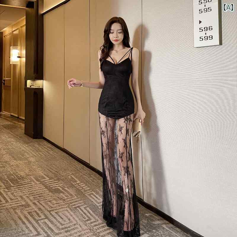 樂天商城 - ロングドレス レディース 黒 深Vネック レース 吊り紐 透け感 ノースリーブ 高腰 切り替え ロング丈 背中開き 接触冷感 聚酯繊維 春夏 セクシー ステージ パフォーマンス 足技師 仕事着 軽量 通勤 普段使い