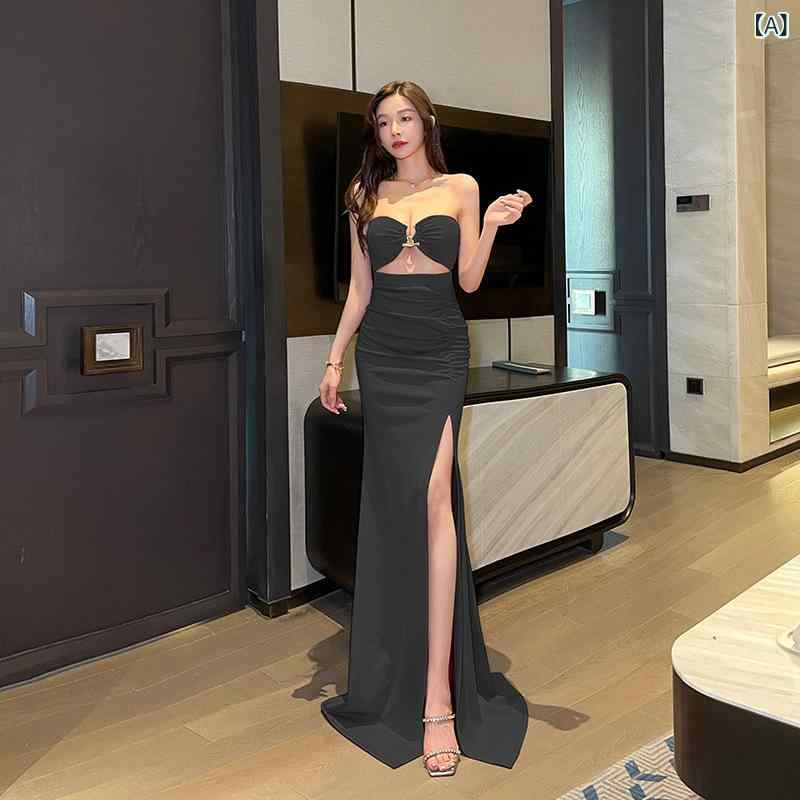 マキシドレス 女性用 ピンク パーティー ドレス 会社年会 礼服 長丈 ハイウエスト ストラップレス 無袖 切り替え デザイン 露背 フロア..