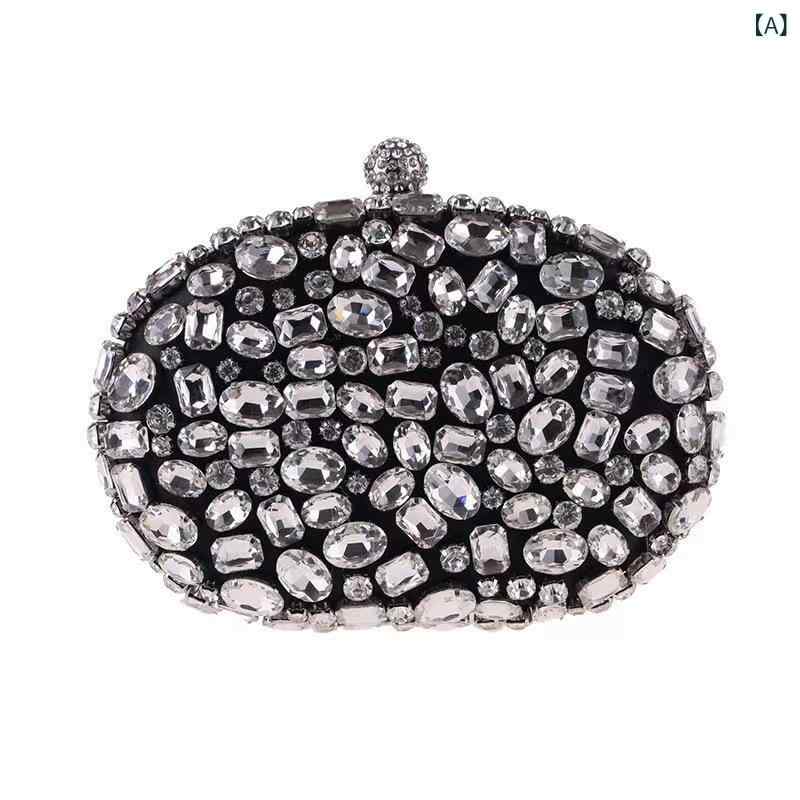 ハンドバッグ 女性用 楕円形 クラッチバッグ 手持ち ロック開閉 チェーンストラップ 刺繍 ラインストーン ガラスストーン 軽量 中硬度 ブラック ゴールド シルバー 黒 金 銀 夏 日常使い 復古風 欧米スタイル 通勤 通学 デート 鞄 バッグ