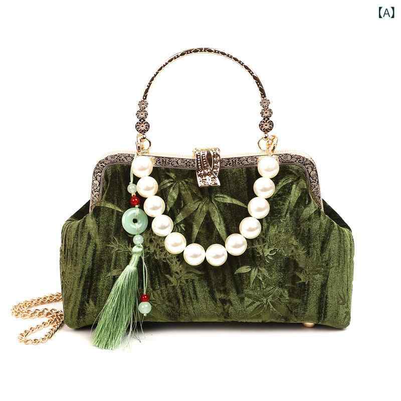 ハンドバッグ 女性用 刺繍 復古 珍珠 手提 斜めがけ ショルダーバッグ ベージュ グリーン ブラック ダークグリーン ブルーグレー ミントグリーン ビーズ ビーズ刺繍 フリンジ チェーン 貝殻 デザイン ベルベット ポリエステル ライニング ソフト ロ