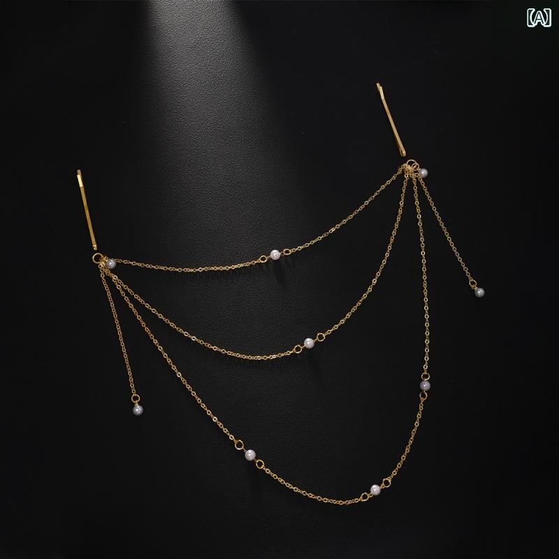 Necklaces, Braclets - ヘアアクセサリー 女性用 シンプル エレガント ウェディング ブライダル ヘッドドレス ボヘミアン 珍珠 タッセル 髪飾り チェーン 金色 銀色 接触冷感 夏 軽量 華やか かわいい 普段使い 通勤用 再生繊維