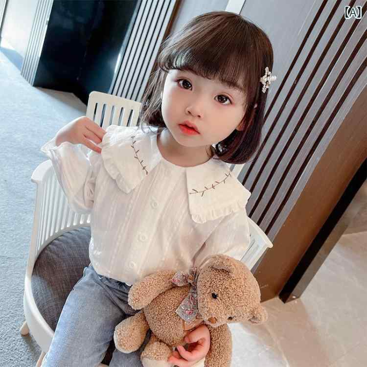 シャツ キッズ 女の子 子供服 トップス 春秋 長袖 襟付き 娃娃領 柔らかい コットン 無地 インナー カジュアル かわいい 通学