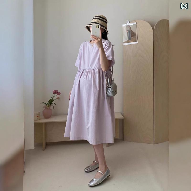 ワンピース レディース 妊婦 授乳服 マタニティウェア 半袖 Aライン 膝丈 ひざ丈 ラウンドネック コットン混 涼しい 通気性 肌に優しい 体型カバー ルームウェア 産前産後 楽ちん 部屋着