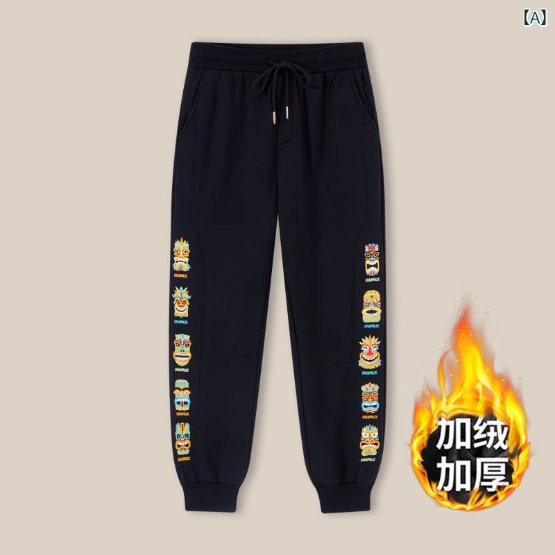 Other - メンズ スウェットパンツ 運動 休闲 束脚 ロングパンツ 刺繍 ワイド ビッグサイズ 秋冬 加绒 厚手 綿混 ポリエステル ミックス 中腰 ドローストリング マイクロストレッチ 防風 カラーブラック ディープグレー カジュアル デイリー ユース 細脚口