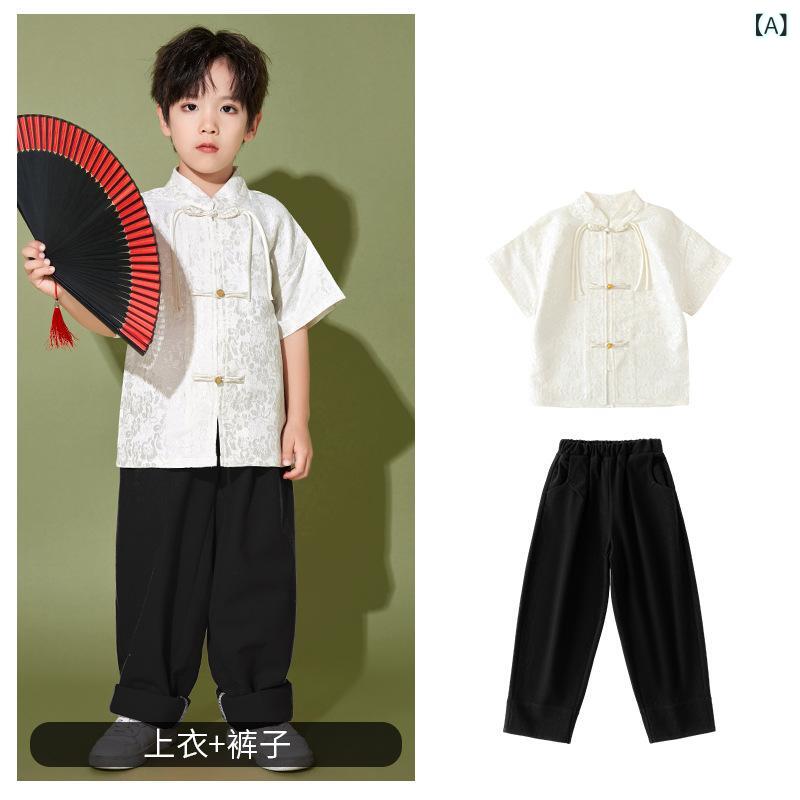 其它 - キッズ 子供 漢服 衣装 中国風 演出服 発表会 運動会 合唱 ダンス 衣装 女の子 男の子 白 提花 短袖 トップス 黒 長ズボン 青 小鹿 柄 馬面スカート 柔軟 素材 ポリエステル 100％ 通年