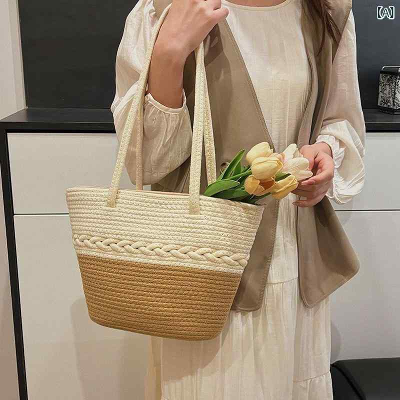 Rakuten - 麦わら編み トートバッグ レディース 麦穗編み かき 米白 ブラック グリーン 切り替え 単肩 ショルダー 大容量 中型 横型 方形 編み込み 綿線 柔らか 日常使い 普段使い 通勤 旅行 ビーチ バッグ 鞄 かごバッグ 草編み トート 肩掛け 夏 春夏