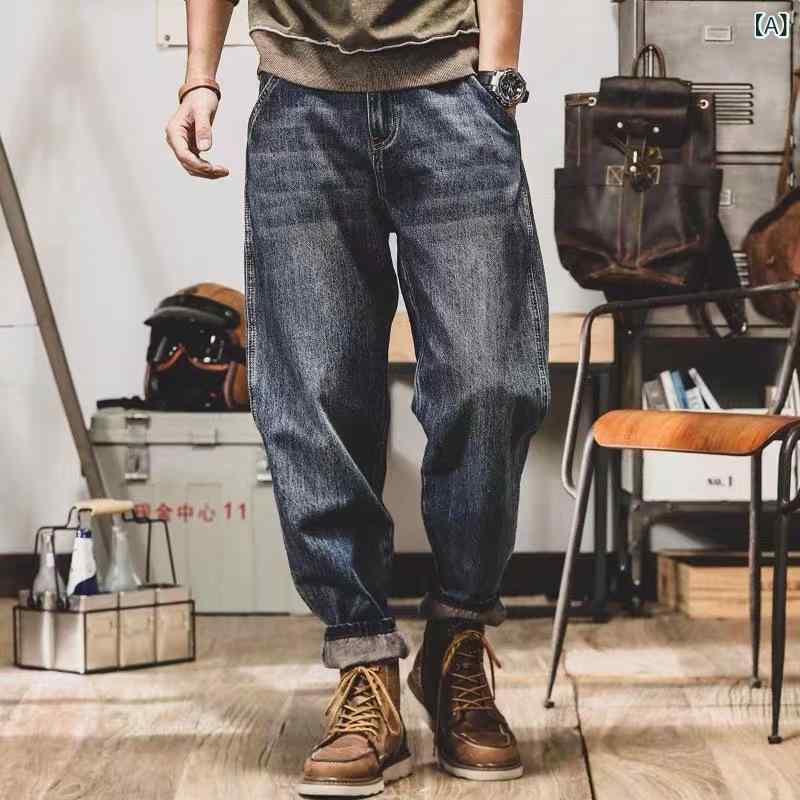 Pants - デニムパンツ メンズ 男性用 ビンテージ風 復古 ビッグサイズ 大きいサイズ ワイドレッグ 直筒 ロングパンツ 中腰 ジップフライ 春秋 春夏秋冬 コットン ポリエステル ウォッシュ加工 ライトブルー ダークブルー 普段使い カジュアル ゆったり ストレ