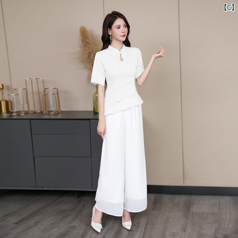 narukiの作業着 レディース 足療師服 美容師 按摩師 セットアップ 短袖 立領 長ズボン 吸湿排汗 涤纶 ポリエステル 再生繊維 抹茶色 ブルー ホワイト 通年用 ホテル装 美容院 养生館 足浴店 按摩店 作業服 ユニフォーム｜アングル3