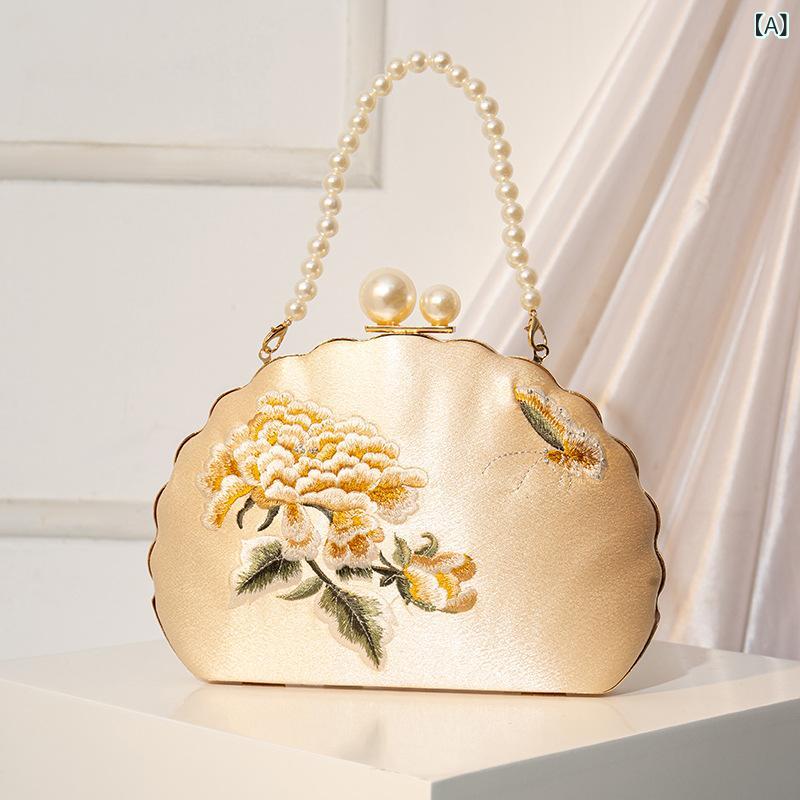 チャイナドレス 手提げバッグ 刺繍 花柄 小方包 貝殻型 ショルダーバッグ ハンドバッグ ミニバッグ 礼服 宴会用 かわいい 香槟色 ブラック ポリエステル 硬め ロック 国風 刺繍柄 日常使い かわいい小物入れ 軽量 人気の形状 トレンド 国風デザイン