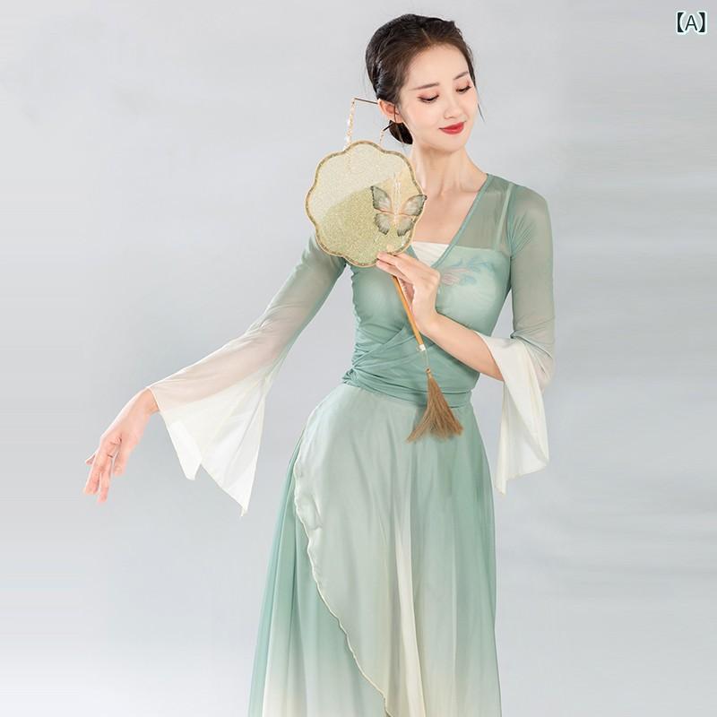 中国舞 練習着 古典舞衣 女性用 雪紡 ポリエステル 煙緑 ガウン スカートパンツ セット ゆったり 透け感 秋 ステージ 衣装 舞台衣装 ダンス衣装 古風 スリムライン フラット 軽量 伸縮性 秋冬 女性ダンスウェア 演出服