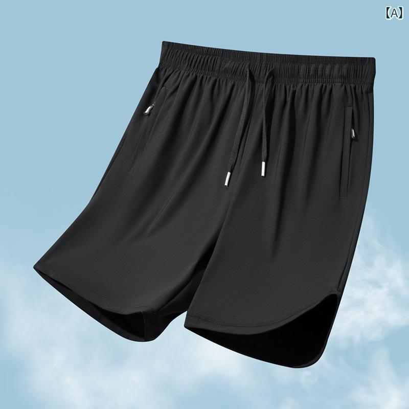 Pants - メンズ ショーツ 夏 接触冷感 吸湿速乾 ナイロン スパンデックス 伸縮性 薄手 ワイド フィット 直筒 5分丈 ランニング ジョギング フィットネス トレーニング ジムウェア 黒 豆緑 中灰 カーキ 休闲 スポーツ