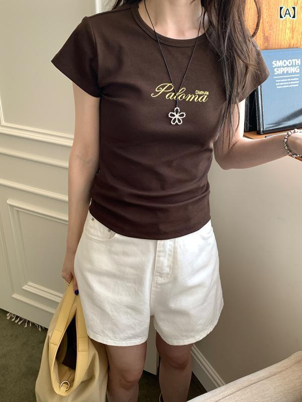 Rakuten - Tシャツ レディース 短袖 丸首 修身 かわいい 韓国風 日韓スタイル コットン 綿 アニタク ストレッチ 接触冷感 吸湿速乾 夏 春夏 ブラウン系 カラー トップス 普段使い 軽量 通勤 カジュアル ビッグシルエット Vネック風 切り替え 印花デザイン