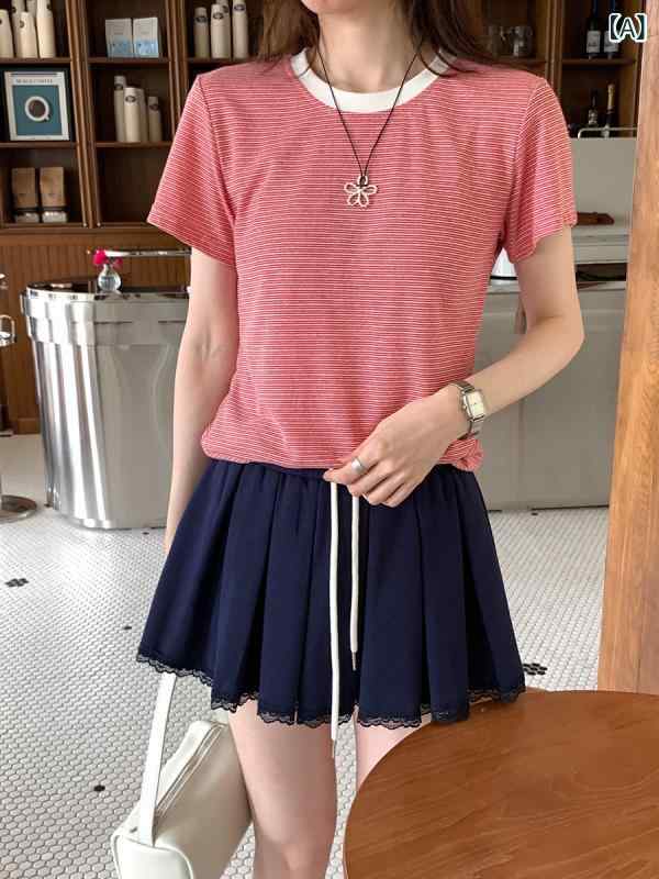 樂天商城 - Tシャツ レディース 短袖 条紋 切り替え 丸首 赤 綿混 ポリエステル 韓国風 韓国スタイル 日韓カジュアル ルーズ H型 普通丈 夏 春夏 普段使い 軽量 通勤 トップス ブラウス 百搭