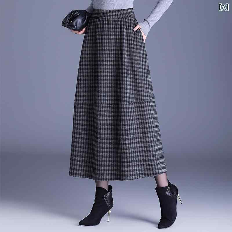 樂天商城 - スカート 女性用 秋冬 中長丈 Aライン 格子柄 灯笼スカート 遮股 スリム 通勤 普段使い ポケット付き ポリエステル 微弾性 切り替え グレー ブルー 気質 エレガント カジュアル