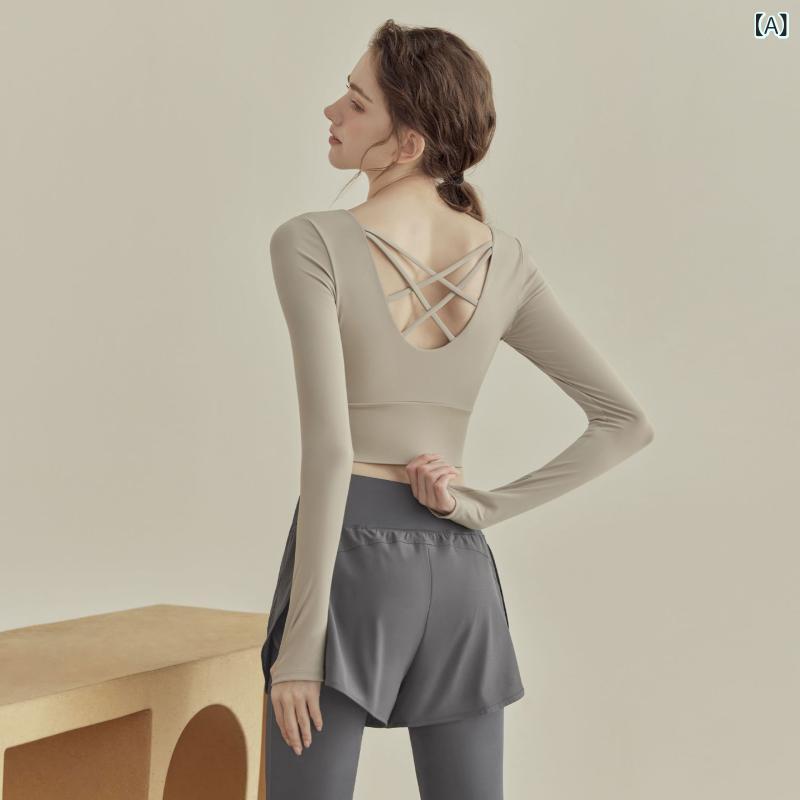 Tops - レディース ヨガウェア 春夏 長袖 トップス 運動ブラ 胸パッド 付き 透気性 伸縮性 ポリエステル アウトドア ランニング ピラティス トレーニング フィットネス ウェア 銀鈴杏 水粉色 曜石黒 及腰 切り替え デザイン 吸湿速乾 軽量 女性用 普段使
