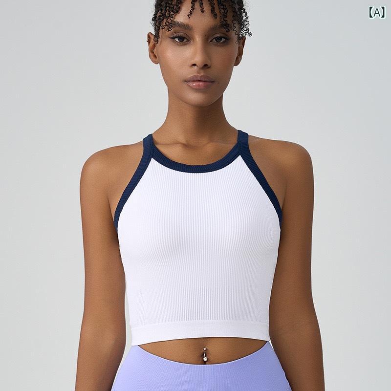 Sportswear - スポーツブラ レディース 副乳カバー 防震 高弾性 切り替え 接触冷感 コットン混 ナイロン 修身 フィットネス ヨガウェア トレーニングウェア 女性用 夏 白色 宝石ブルー パープル グリーン ブルー 胸パッド付き