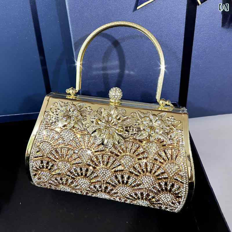 クラッチバッグ 女性用 扇形 ジルコニア装飾 チェーン ショルダー 大容量 横型 ボックス型 ロック 金色 銀色 春夏 硬め PU素材 かわいい 甘め 日常使い 通勤 結婚式 パーティー 礼服 撮影小道具