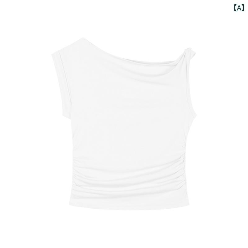 Three-Quarter - トップス レディース 斜肩 短袖 Tシャツ 切り替え デザイン 短め 上衣 修身 純色 接触冷感 再生繊維 ポリエステル 白 ブルー カーキ 通勤 気質 夏 セクシー ギャル スタイル 不規則 皺 短丈 斜め 肩出し 袖 紡績 気質 優雅 クロスボーダー