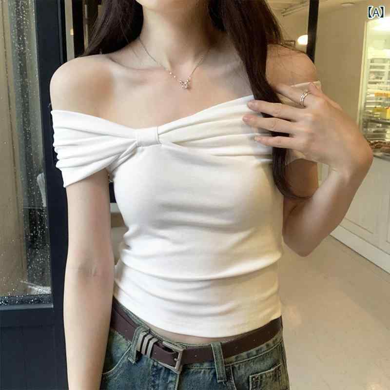 Three-Quarter - Tシャツ レディース 短袖 一字肩 肩出し 褶皱 切り替え 蝶結び 短丈 修身 通勤 気質 学生服 トップス 涤纶 ポリエステル 接触冷感 吸湿速乾 軽量 伸縮性 純色 セットイン ホワイト ネイビー 春夏 普段使い