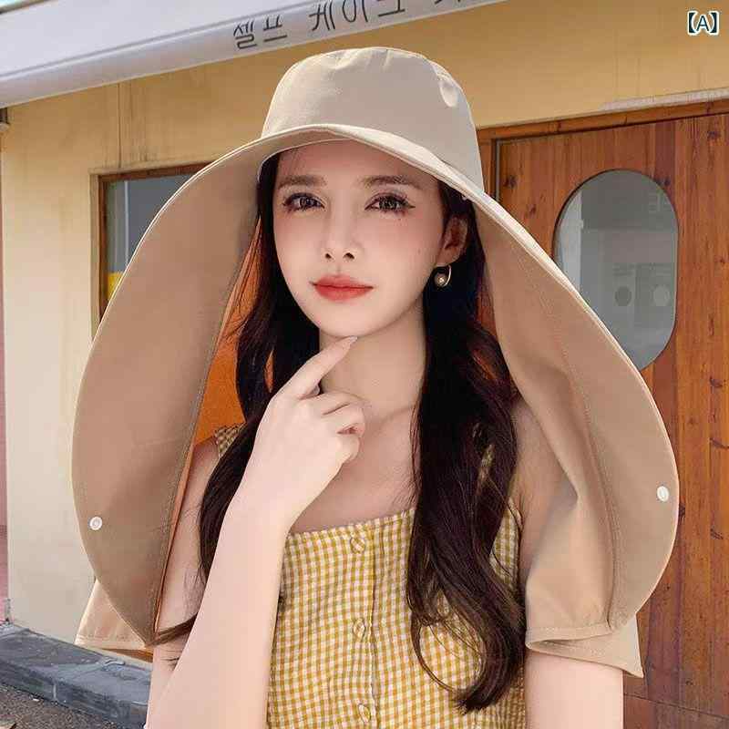遮陽帽 女性用 顔面ガード 首元カバー 大つば フィッシャーマン 馬尾穴 紫外線カット 夏用 春秋用 かき色 米色 ピンク ブラック イエロー アクリル繊維 シンプル 百搭 通勤 ファッション