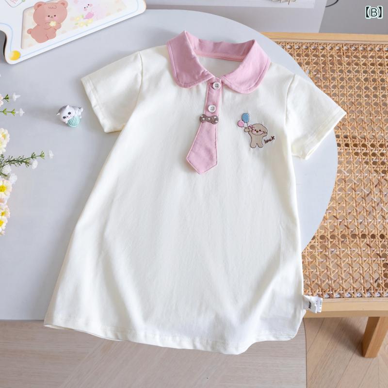 女児 ワンピース キッズ 女の子 学院風 ポロ 襟 春夏 短袖 Aライン スカート 綿 柔...