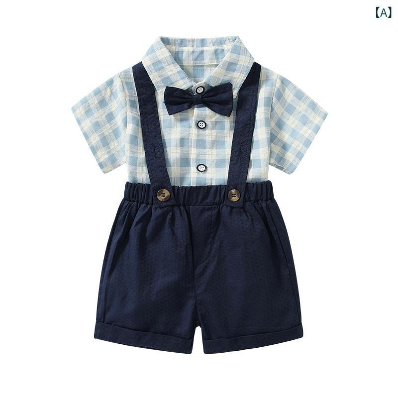男の子 セットアップ 夏 礼服 純棉 格子柄 短袖 シャツ 背広風 背帯 短パン 湖ブルー 薄手 柔らか素材 1〜3歳 かわいい 普段使い 通学 キッズ ベビー 綿100％ 吸湿速乾 伸縮性 軽量