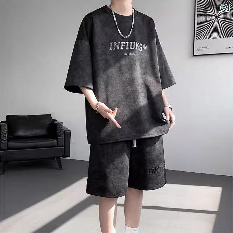 樂天商城 - メンズ トップス 短袖 Tシャツ ショーツ セット 港風 復古 タイダイ柄 黒 白 ポリエステル 100% 丸首 ルーズフィット 夏 春夏 秋 休闲 カジュアル ストリート 青少年 普段使い 軽量 吸湿速乾 通勤 通学 アウトドア