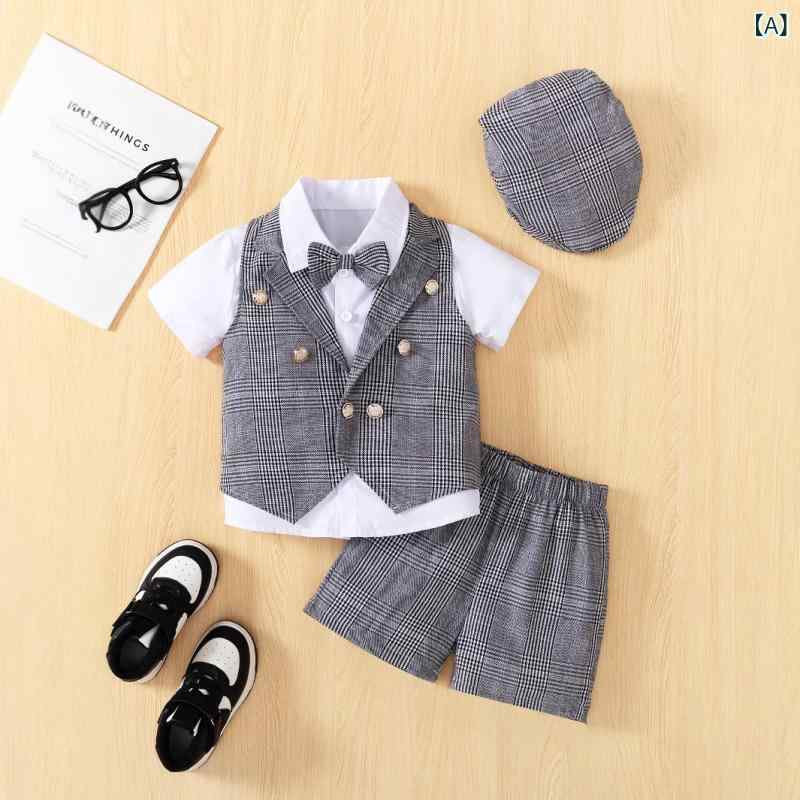 男児 西装 セット 3点 夏服 男の子 子供服 学院風 英倫スタイル 短袖 短パン 格子柄 グレー 切り替え ポリエステル 柔らか素材 普通厚 シングルブレスト 3〜8歳 中小童 通学用 カジュアル セットアップ シャツ ベスト パンツ 子供用 紳士風