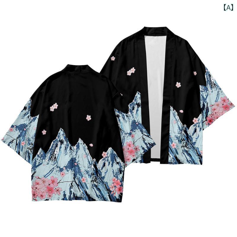 Rakuten - 和服 羽織 男性用 大きいサイズ 夏 七分袖 開衫 道袍 ポリエステル 印花 浮世絵柄 氷峰柄 トレンド コスプレ 民族風 ゆったりシルエット 涼感 切り替え 休闲 カジュアル ストリートファッション