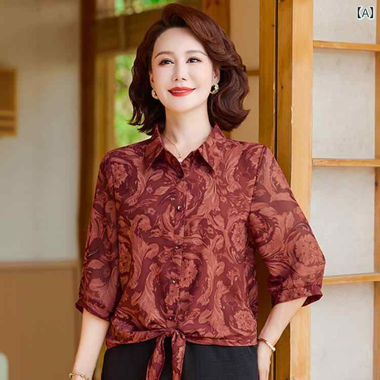 乐天商城 - Tシャツ レディース 夏 翻領 軽薄 透気 花柄 トップス シャツ 百搭 スリム 七分袖 ブラウス 上衣 夢幻レッド 夢幻ブルー ポリエステル ポリウレタン 混紡 切り替え ヒートカット 気質 通勤 快適 休闲 カジュアル スタイル