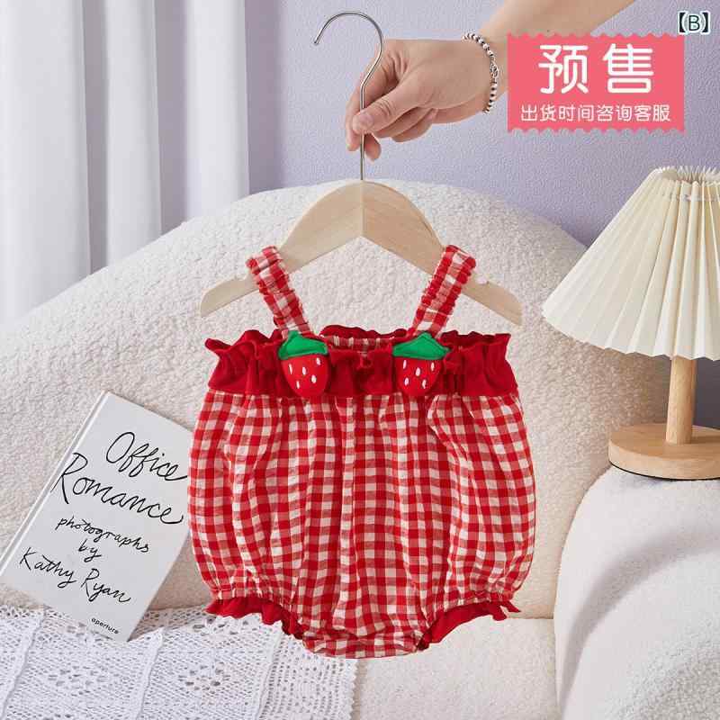ベビー 女の子 無袖 連体服 吊帯 爬行服 薄手 綿 格子 柄 草莓 プリント 赤 赤色 夏 春夏 軽量 通気性 吸湿速乾 韓風 赤ちゃん服 新生児 赤ちゃん 女児 ロンパース キャミソール タイプ 涼しい かわいい 日常使い 2