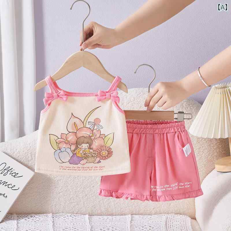 女児 キッズ ベビー 女の子 夏 春夏 吊帯 ショートパンツ 2点セット かわいい 蝶結び カードプリント 綿 薄手 無袖 ピンク 紫 黄色 カジュアル