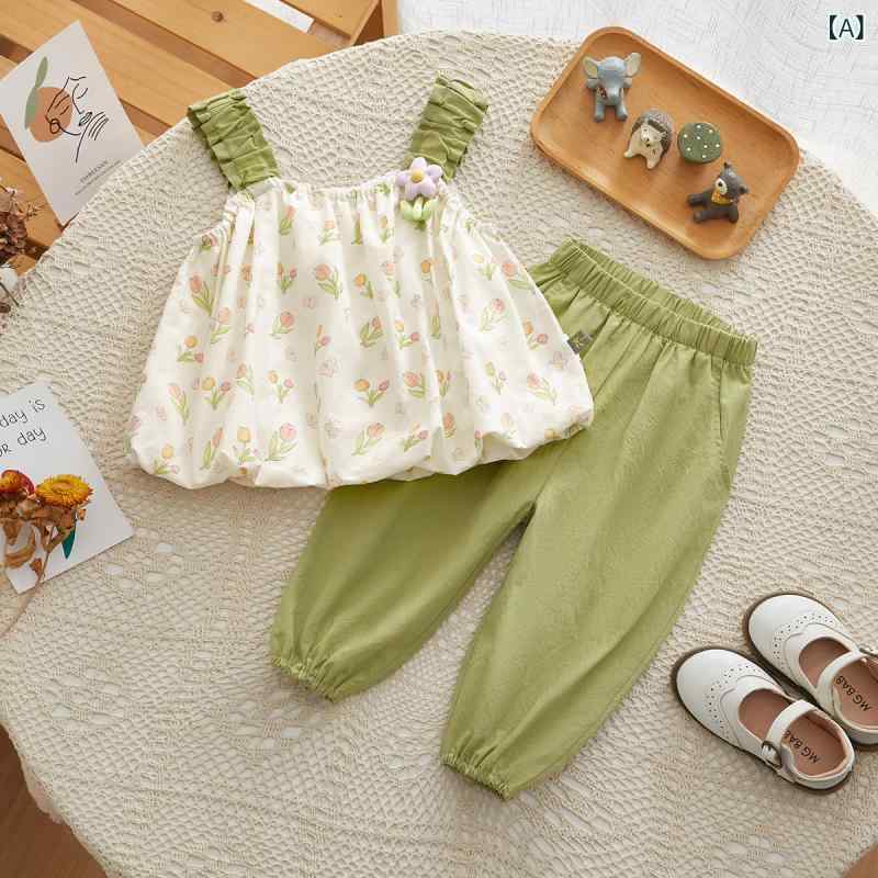 Coverall - 女児 トップス セット 夏 服装 女の子 子供 背帯 トップス セット 綿 薄手 無袖 長ズボン 動物柄 緑 かわいい セットアップ キャミソール ロングパンツ 幼児 女児服 軽量 通気性 吸湿速乾 普段使い