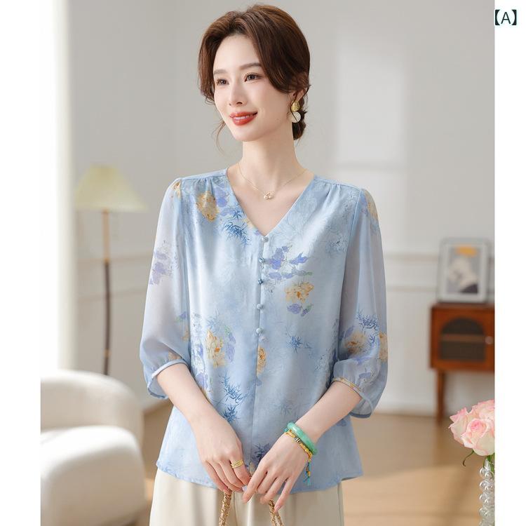 樂天商城 - Tシャツ 中年女性 レディース 夏 国風 刺繍 花柄 Vネック 短袖 ゆったり トップス 遮肚 知性 通勤 普段使い ポリエステル 接触冷感 柔らか ブルー ピンク 春夏