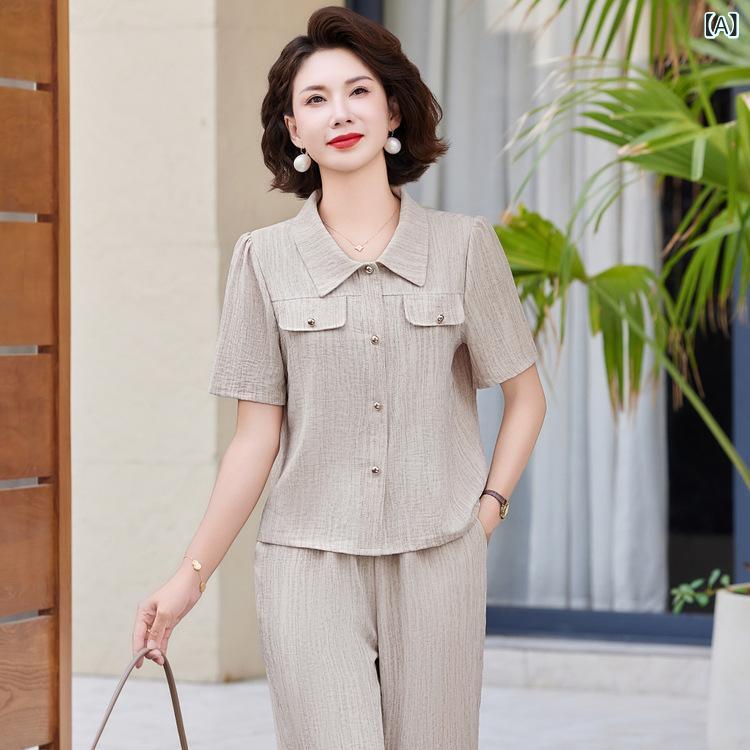 乐天商城 - ママ服 セットアップ 女性用 夏 薄手 涤纶 接触冷感 トップス 翻領 半袖 ストライプ 格子柄 ボタン ルーズフィット 開衫 カーキ ストレートパンツ ロング丈 ゆったり 普段使い 通勤 カジュアル ミドルエイジ レディース