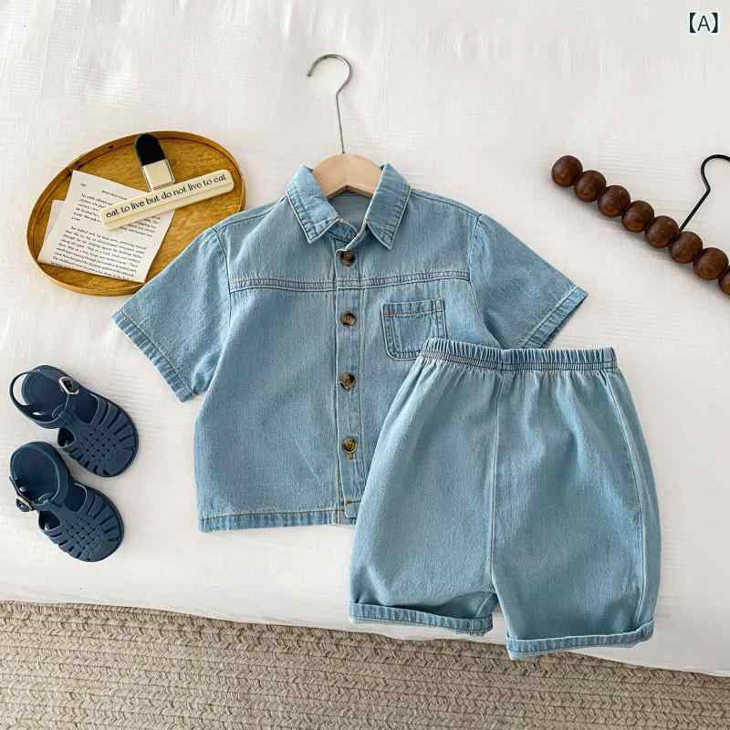 Overalls - 子供服 キッズ 男女 牛仔服 セット 短袖 デニム 短パン 夏服 薄手 綿 柔らかい 純色 ライトブルー ダークブルー 3〜8歳 かわいい 韓風 潮い セットアップ