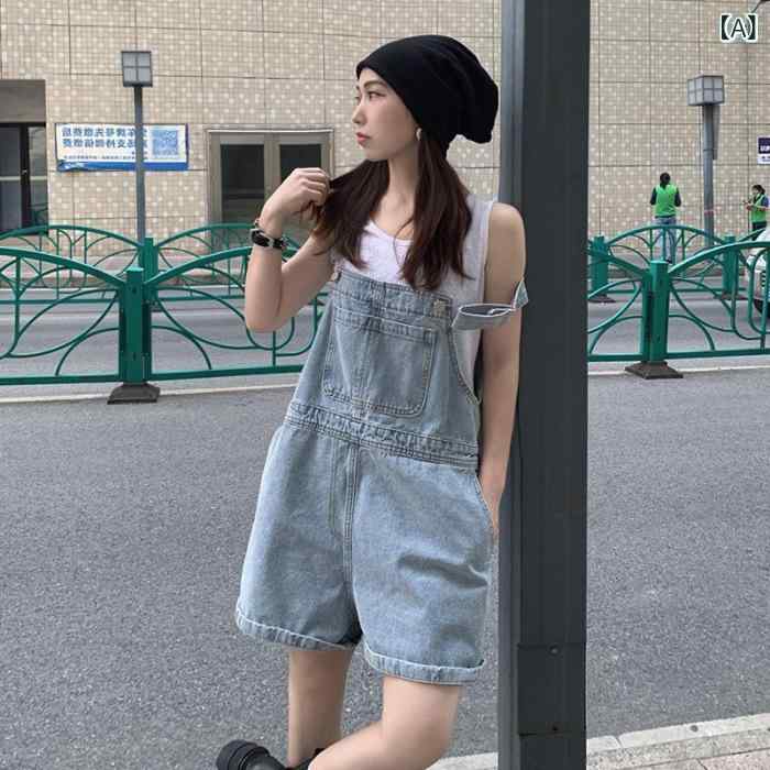 Rakuten - デニム 背中吊り ショートパンツ レディース 夏 薄手 ストレッチ ハイウエスト ワイドレッグ ビッグシルエット 軽量 伸縮性 吸湿速乾 浅色 かわいい 洋気 スリム効果 私服 通勤 普段使い 部屋着 カジュアル