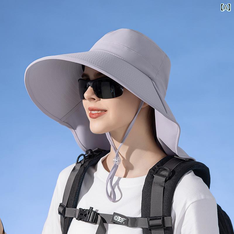 サマーハット 女性用 大つば ショール付き 防晒 漁夫帽 馬尾穴付き 透気性 ポリエステル 夏用 ネックカバー 欧米風 黒 ピンク グレー カーキ 紫 青 米色 百搭 休闲 運動 通勤 遮陽 軽量 柔らか素材
