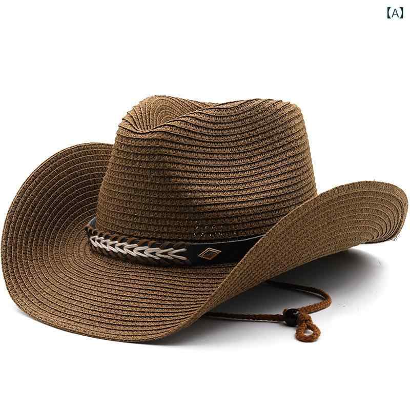 Ten Gallon Hat - 麦わら帽子 メンズ レディース 春夏 大つば デニム 牛仔 皮ベルト 釣り 防晒 海辺 沙滩 通勤 普段使い 軽量 透気 防風 遮陽 耐衝撃 ポリエステル コーヒー ベージュ ミルクホワイト ホワイト ブラック カーキ 平頂 さわやか かわいい