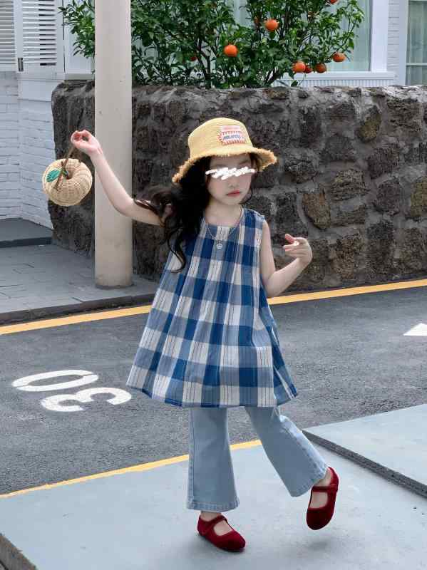 Dresses - 女児 ワンピース キッズ 女の子 無袖 格子柄 A字スカート 春夏 コットン100% 接触冷感 軽量 通気性 かわいい 甘め 韓国風 中小童 3〜8歳 普段使い 夏服 通園 ピクニック ブルー系 爽やか 伸縮性