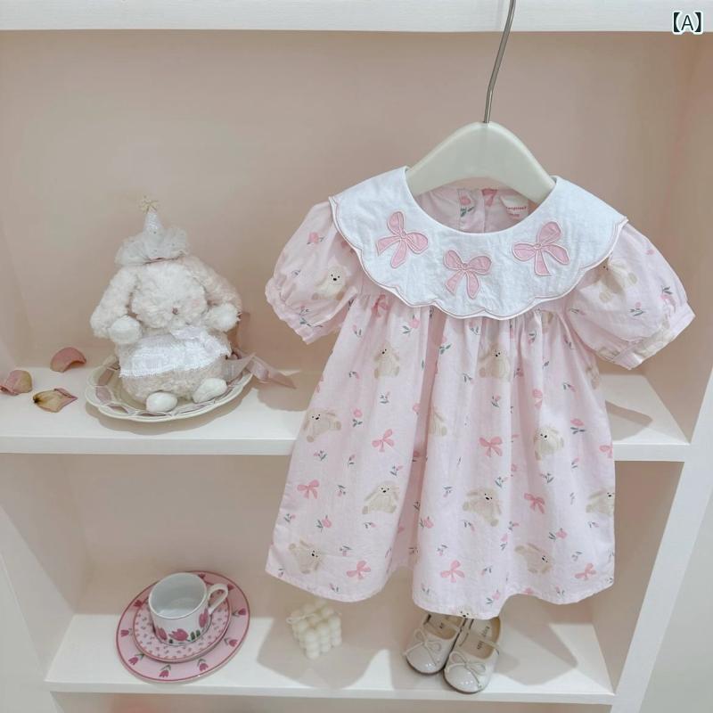 女児 ワンピース 子供 女の子 ベビー 夏 春夏 コットン 綿100 接触冷感 柔らかい 短袖 Aライン 中長丈 かわいい プリンセス スカート ドレス ピンク ブルー かっこいい 洋気 韓風 インフルエンサー プリンセスドレス ベビードレス ガールズ
