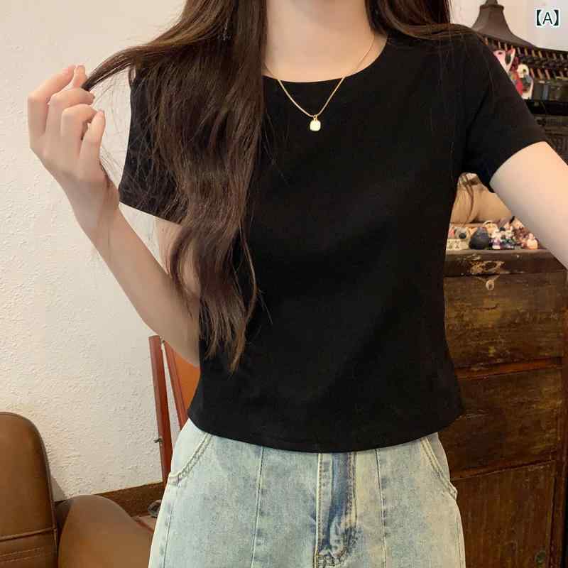 Tシャツ レディース 短袖 純色 修身 短丈 女性用 上衣 トップス ブラック ホワイト...