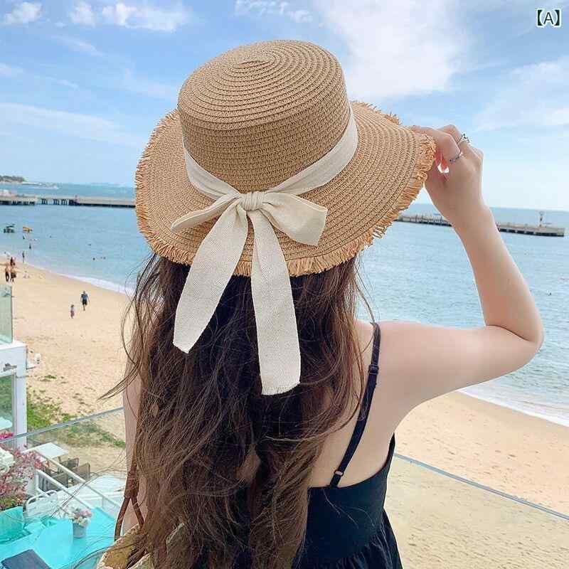 Sun Visor - 麦わら帽子 レディース 夏 春夏 海辺 沙滩 ビーチ 度假 リゾート 日式 ハワイアン 平頂 大つば フワッと毛縁 蝶結 リボン 編み込み 透気 遮陽 防虫 かわいい 田園 クリーム ベージュ カーキ 米色 黒 リボン 木珠 レース 花縁 パール 網纱 ポ