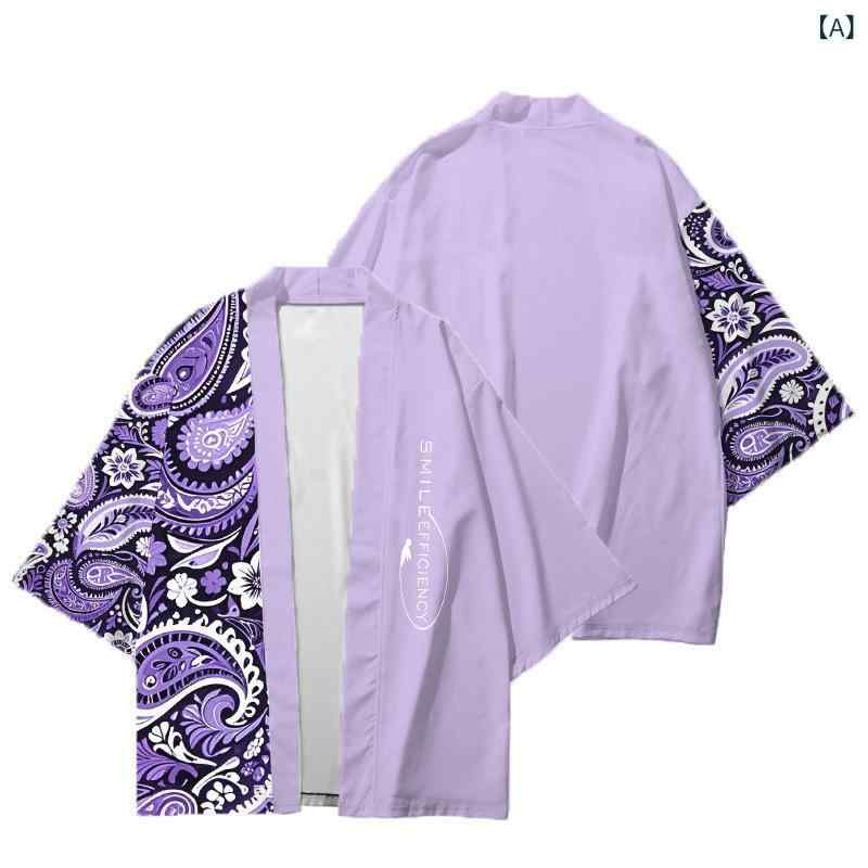 Tシャツ メンズ 国風 和服 開衫 羽織 道袍 直筒型 七分袖 無帽 薄手 網目布 ポリエステル 透気性 数碼印花 幾何柄 腰果花柄 国風柄 夏 ..
